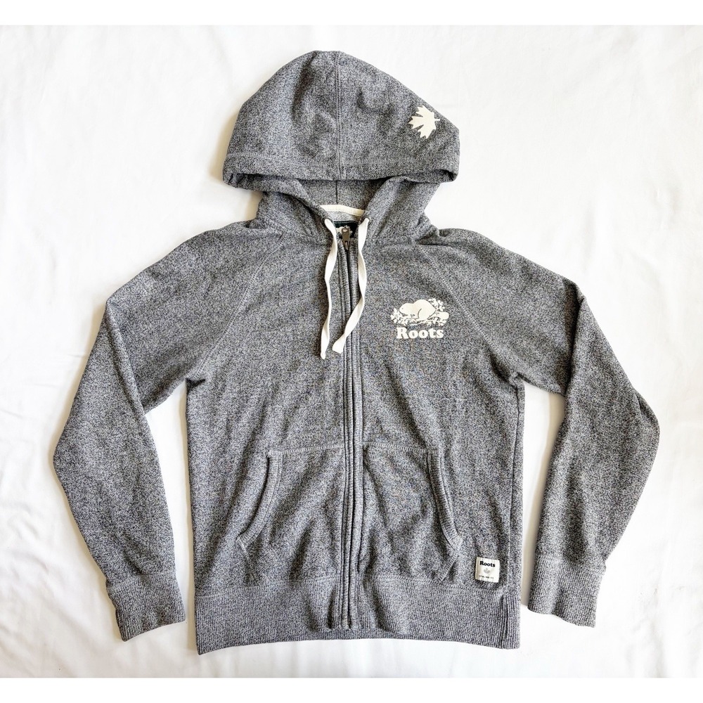 Roots Canada Hoodie Small Heather Gray Full Zip Beaver Pocket Athleisure Outdoor